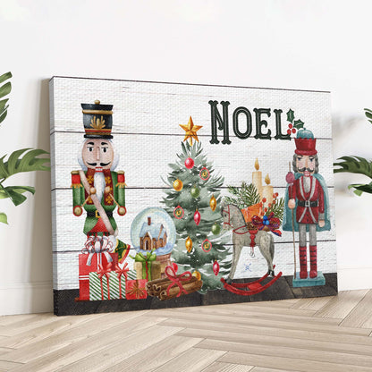 Nutcrackers Noel Sign canvas by Tailored Canvases with two nutcrackers, festive tree and gifts on Tampa Home & Garden Store