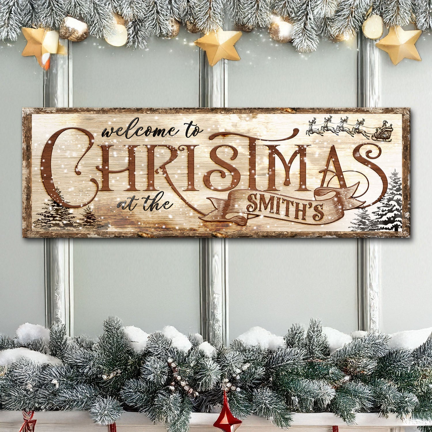 Family Welcome To Christmas Sign canvas with rustic woodgrain finish and brown script on Tampa Home & Garden Store