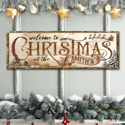 Family Welcome To Christmas Sign canvas with rustic woodgrain finish and brown script on Tampa Home & Garden Store