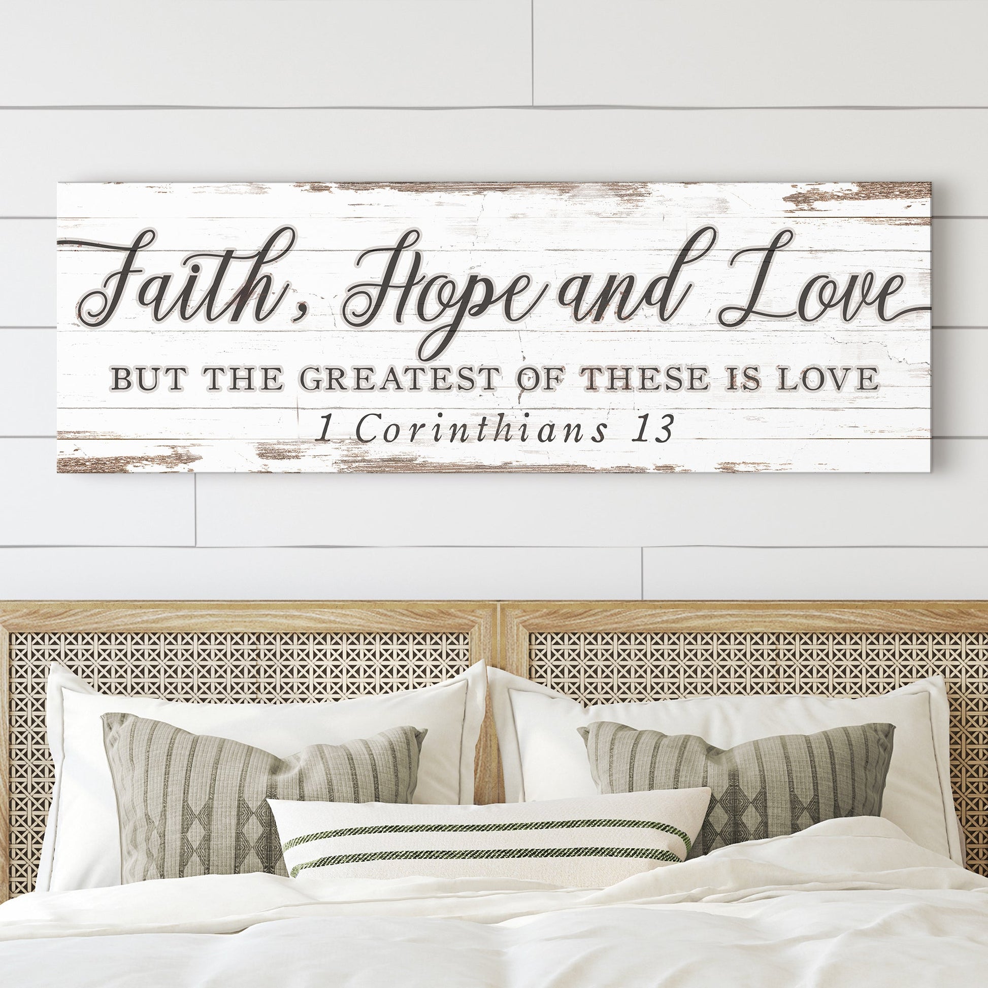 Faith Hope And Love canvas sign whitewashed wood with script 1 Corinthians 13 on Tampa Home & Garden Store