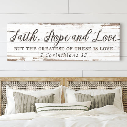 Faith Hope And Love canvas sign whitewashed wood with script 1 Corinthians 13 on Tampa Home & Garden Store