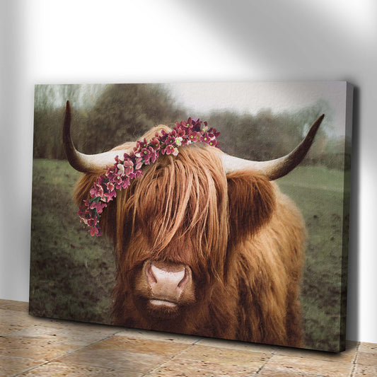 Retro Floral Crown Highland Cow Canvas by Tailored Canvases with pink flower crown on Tampa Home & Garden Store