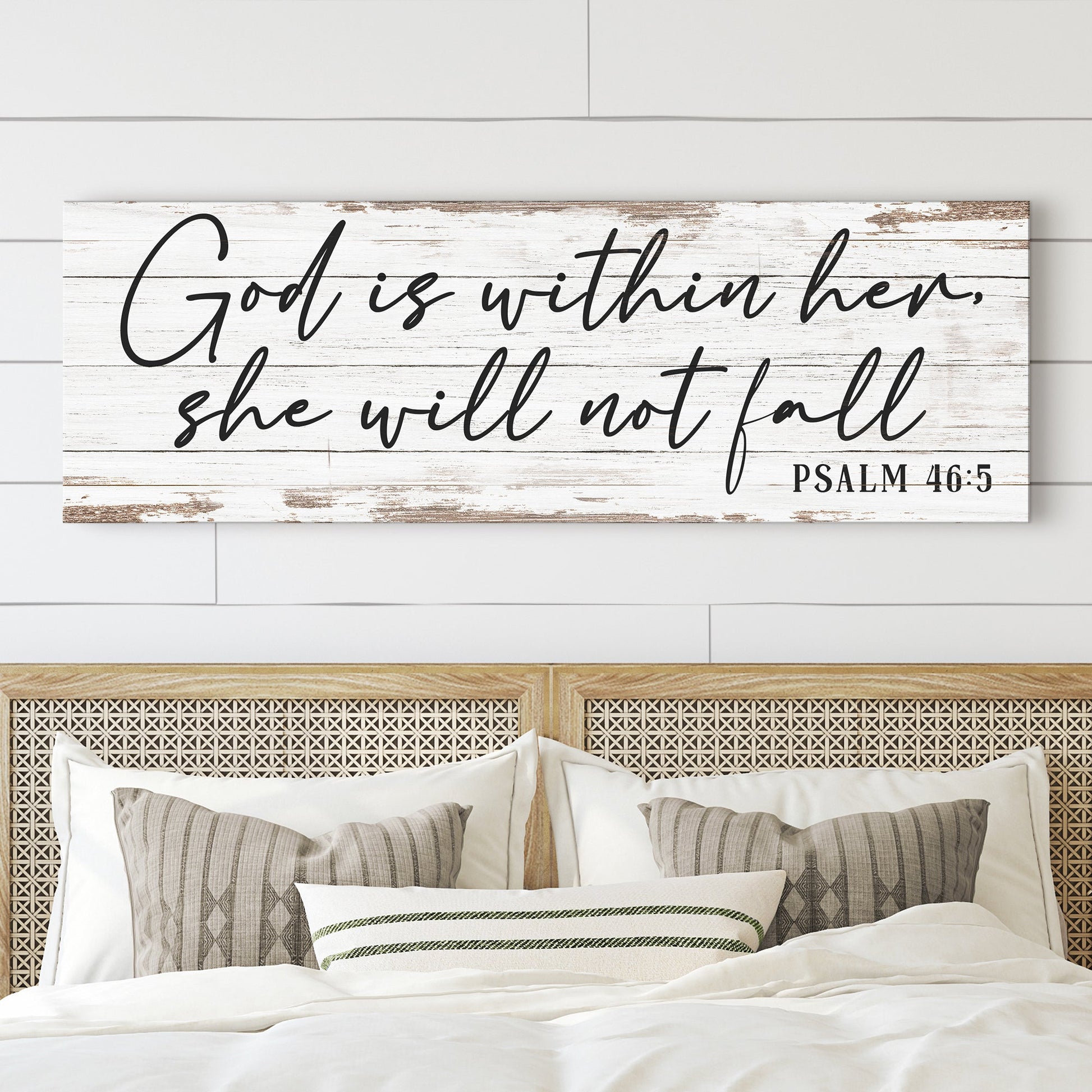 Canvas sign wood plank with black script God within her she will not fall Psalm 46:5 on Tampa Home & Garden Store