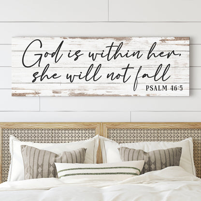 Canvas sign wood plank with black script God within her she will not fall Psalm 46:5 on Tampa Home & Garden Store