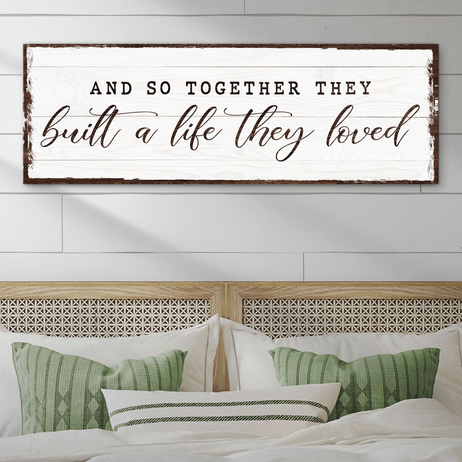 And So Together They Built A Life They Loved Sign VI canvas above bed with brown frame on Tampa Home & Garden Store