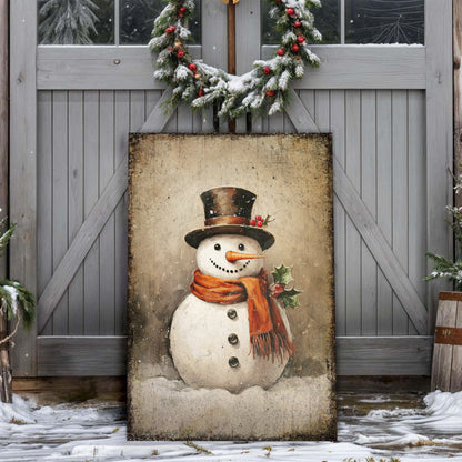 Vintage Snowman Christmas Wall Art IV canvas featuring a snowman in a top hat and orange scarf on rustic door on Tampa Home & Garden Store