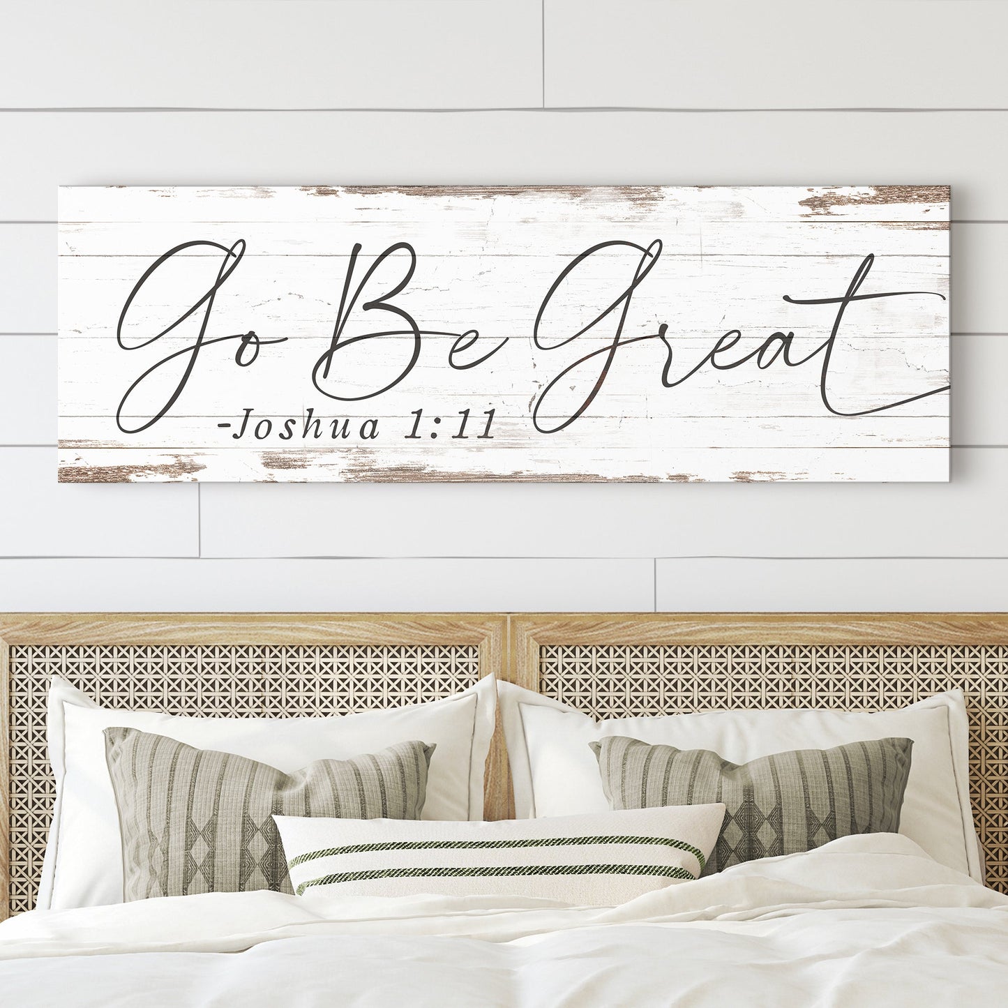 Go Be Great canvas sign with distressed white wood backdrop and black script text on Tampa Home & Garden Store