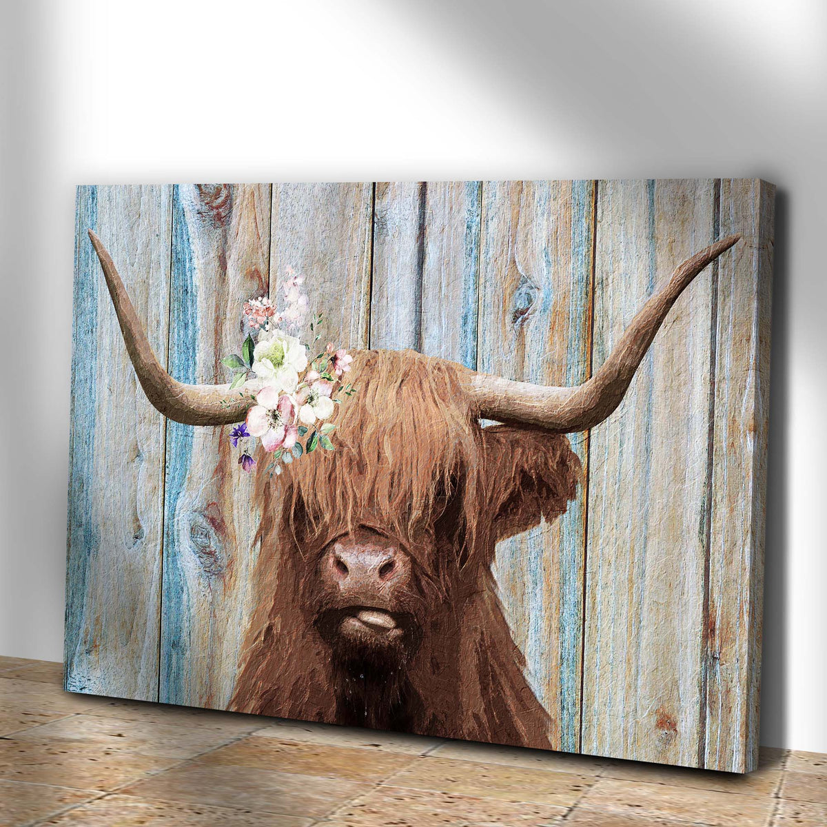Highland Cow rustic canvas wall art by Tailored Canvases featuring longhorn and flowers on Tampa Home & Garden Store