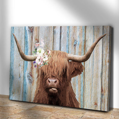 Highland Cow rustic canvas wall art by Tailored Canvases featuring longhorn and flowers on Tampa Home & Garden Store