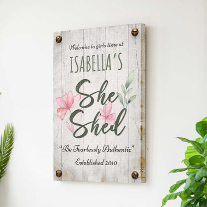 She Shed Sign IV canvas on rustic whitewashed wood with pink blooms and elegant script text on Tampa Home & Garden Store