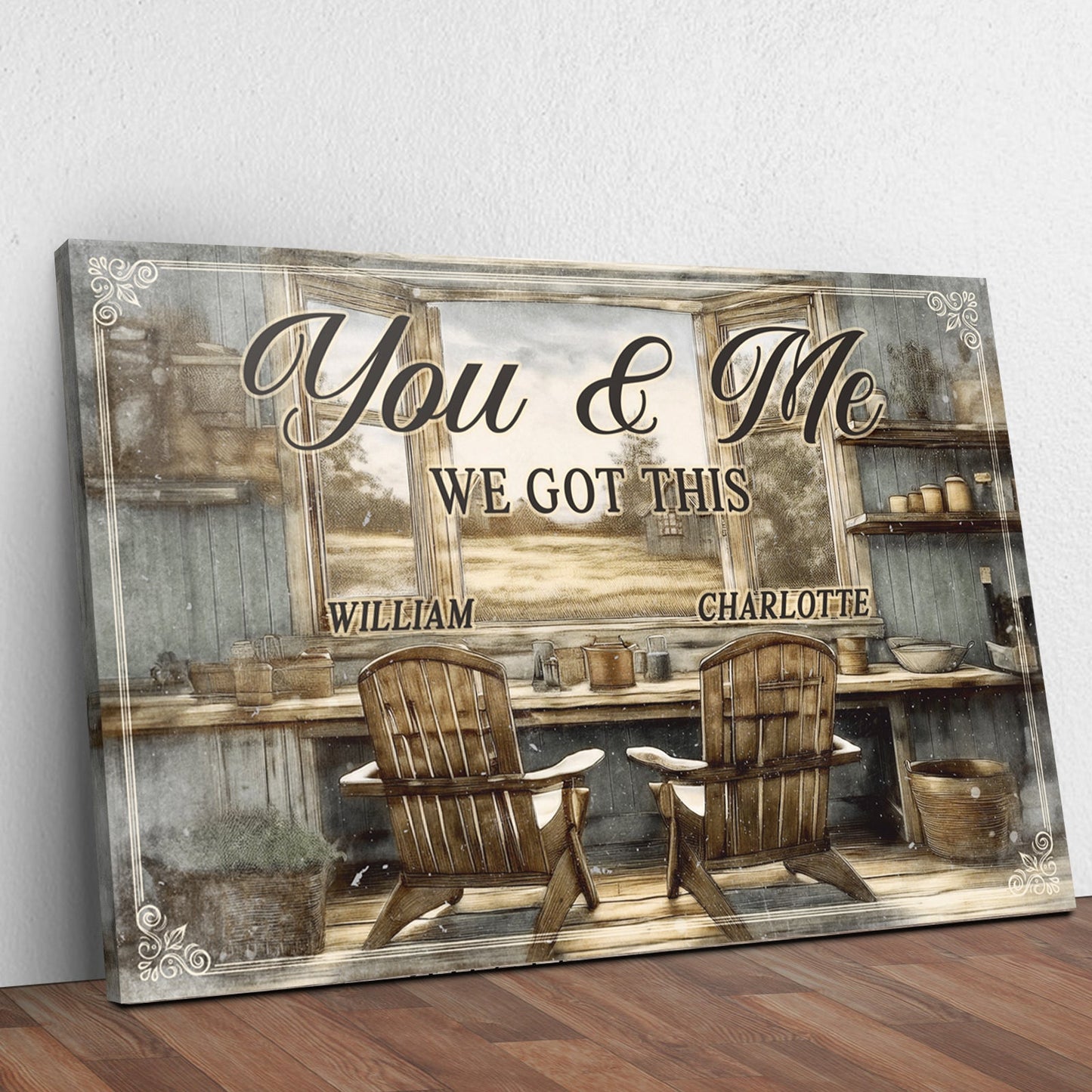 Farmhouse themed You and Me couple sign canvas with kitchen scene WE GOT THIS William Charlotte on Tampa Home & Garden Store