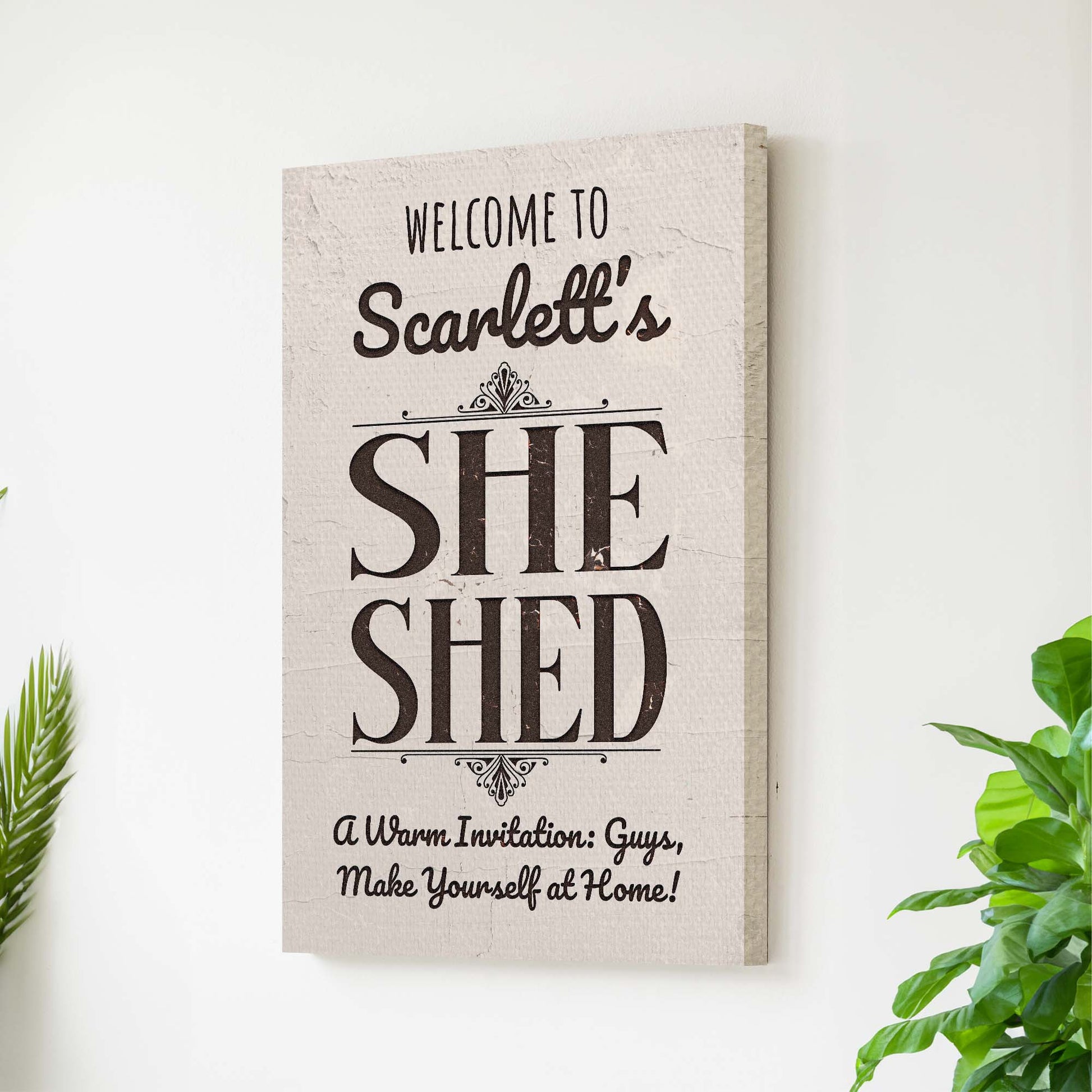 She Shed Sign canvas by Tailored Canvases; rustic cream with black script typography on Tampa Home & Garden Store