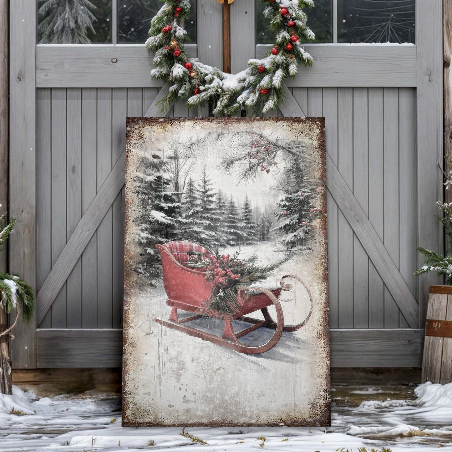 Vintage Christmas Sledge Wall Art canvas by Tailored Canvases, red sledge in snowy forest scene on Tampa Home & Garden Store