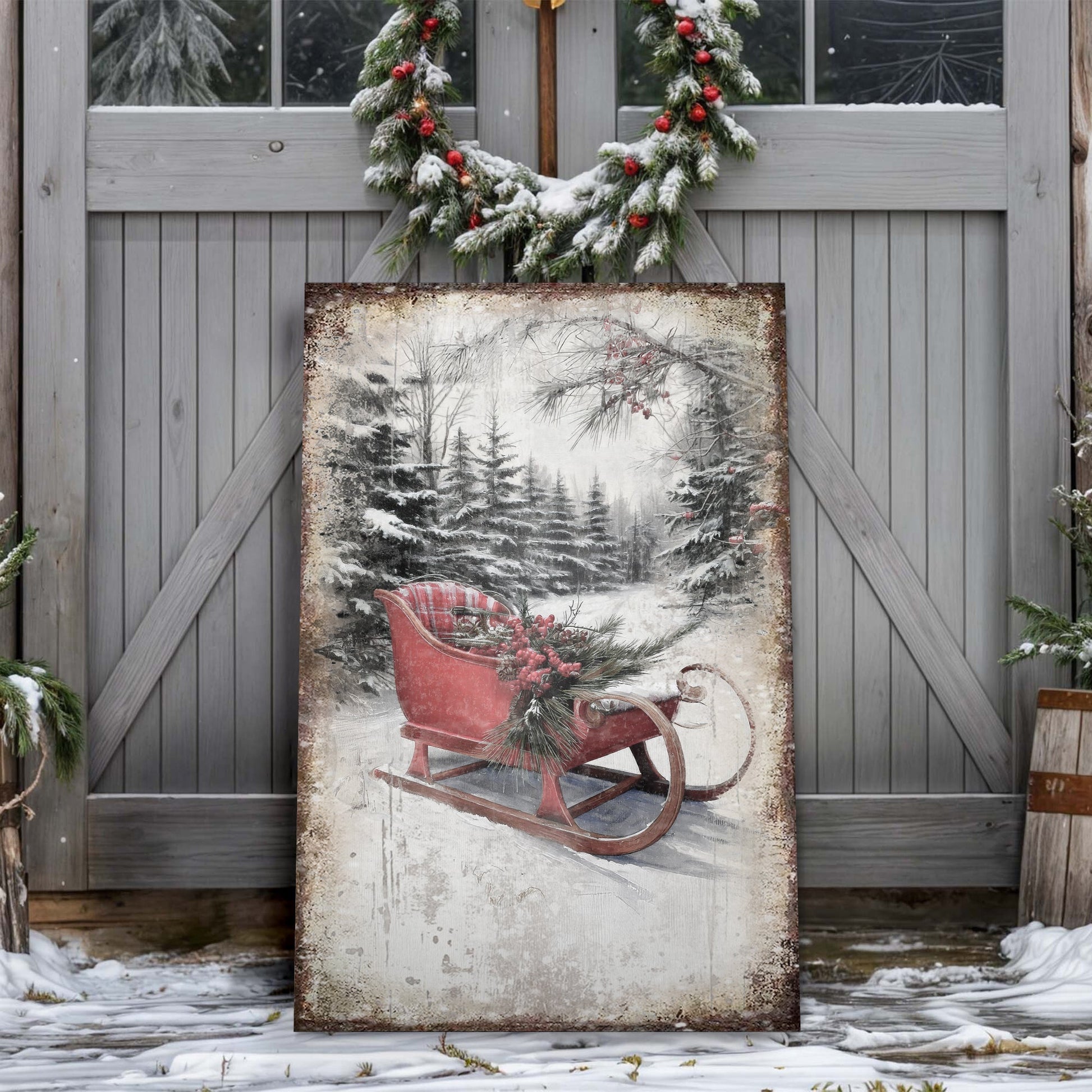 Vintage Christmas Sledge Wall Art canvas by Tailored Canvases, red sledge in snowy forest scene on Tampa Home & Garden Store