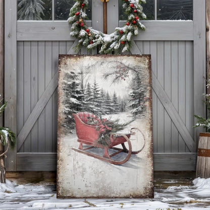 Vintage Christmas Sledge Wall Art canvas by Tailored Canvases, red sledge in snowy forest scene on Tampa Home & Garden Store