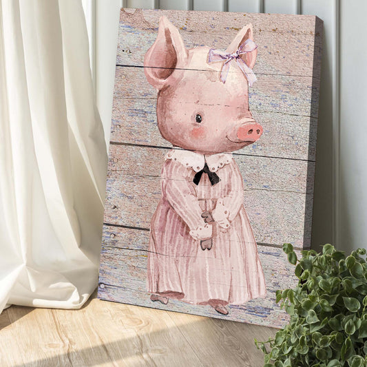 Simple Ribbon Dress Pig Canvas Wall Art pink pig with a white bow on rustic wood backdrop on Tampa Home & Garden Store
