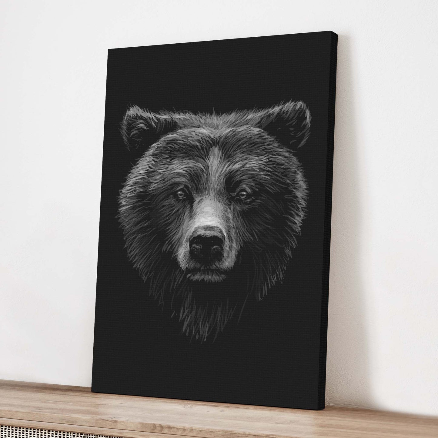 Animals Forest Bear Monochrome Canvas Wall Art, black canvas with grayscale bear portrait on Tampa Home & Garden Store