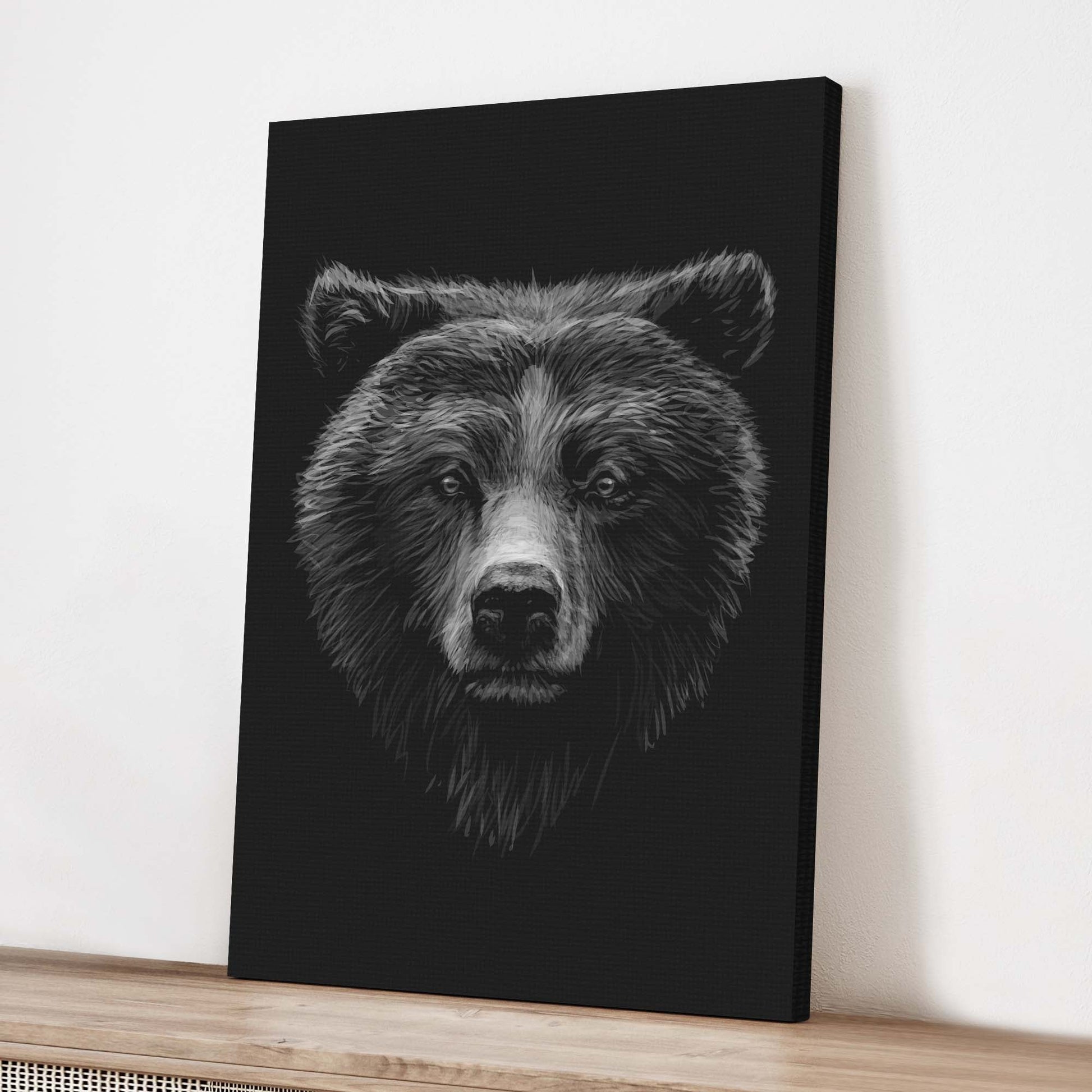 Animals Forest Bear Monochrome Canvas Wall Art, black canvas with grayscale bear portrait on Tampa Home & Garden Store