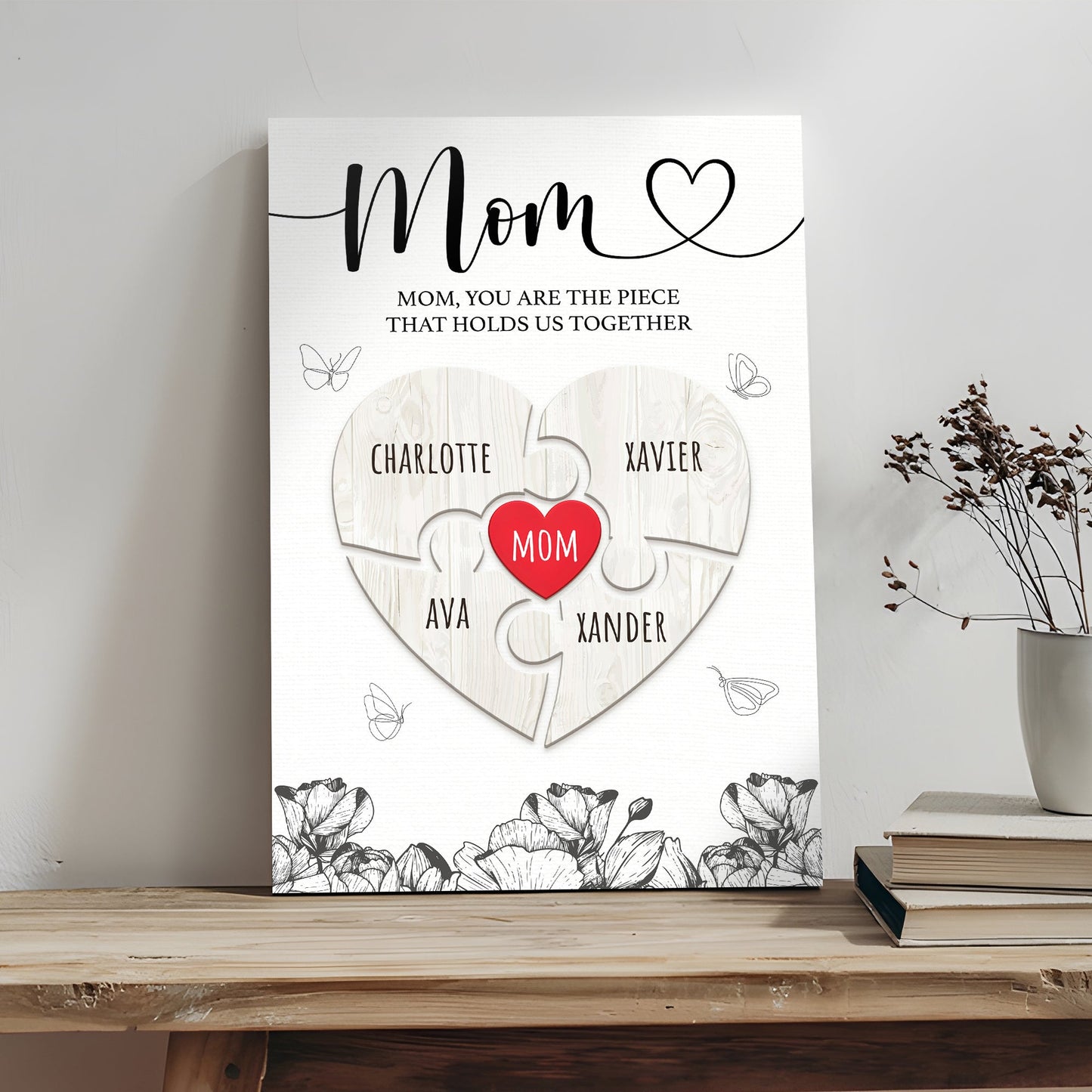 Canvas Mother's Day sign with Mom script heart and round name disks Charlotte Xavier Ava Xander on Tampa Home & Garden Store