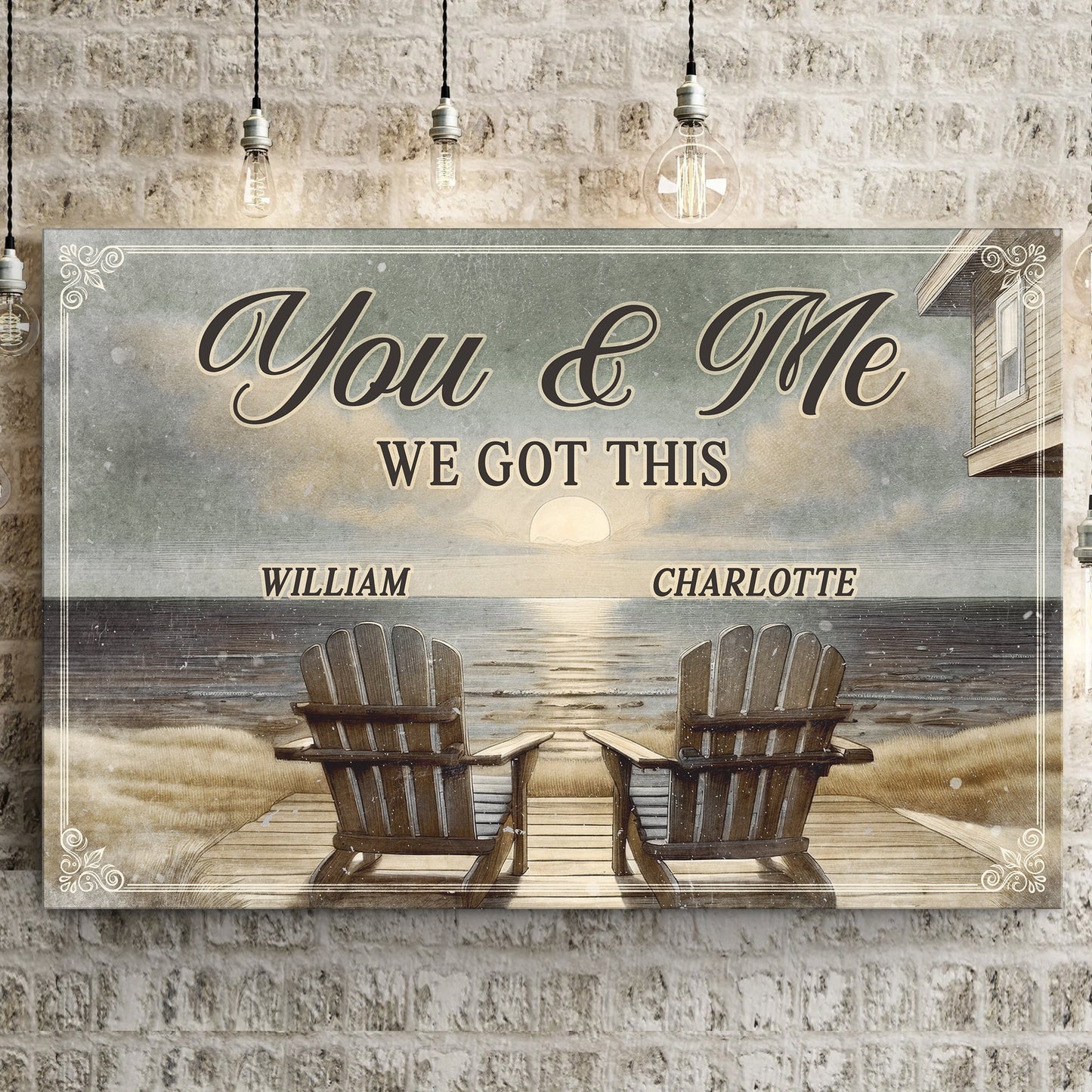 Canvas sign You & Me We Got This with William & Charlotte on a ranch porch by Tailored Canvases on Tampa Home & Garden Store