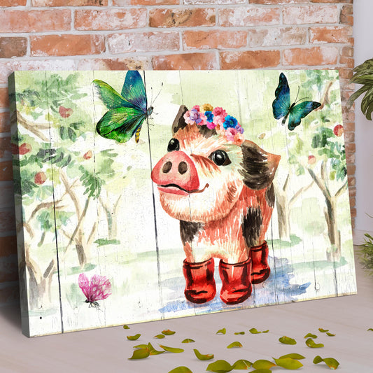 Cute Little Pig Canvas Wall Art by Tailored Canvases with a flower crown and butterflies on Tampa Home & Garden Store