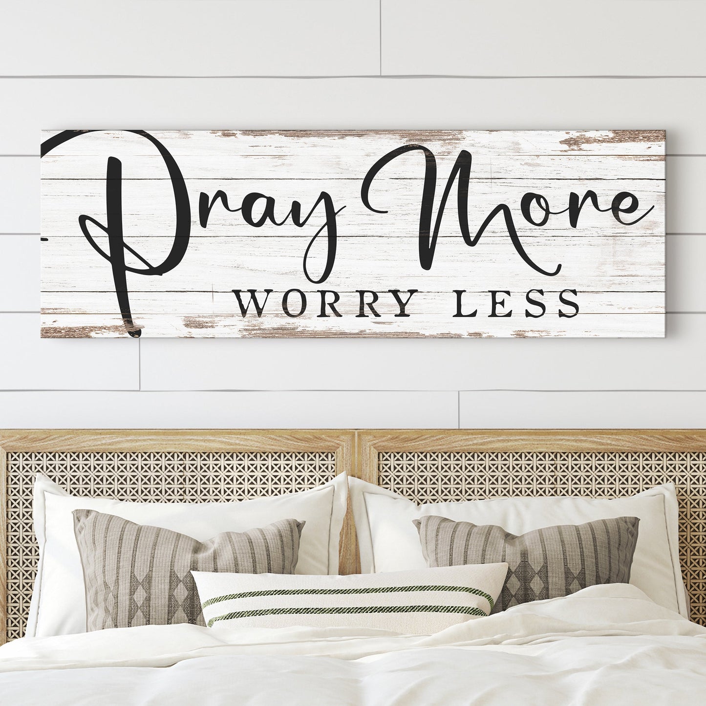 Pray More Worry Less canvas sign with white distressed wood background and black script on Tampa Home & Garden Store