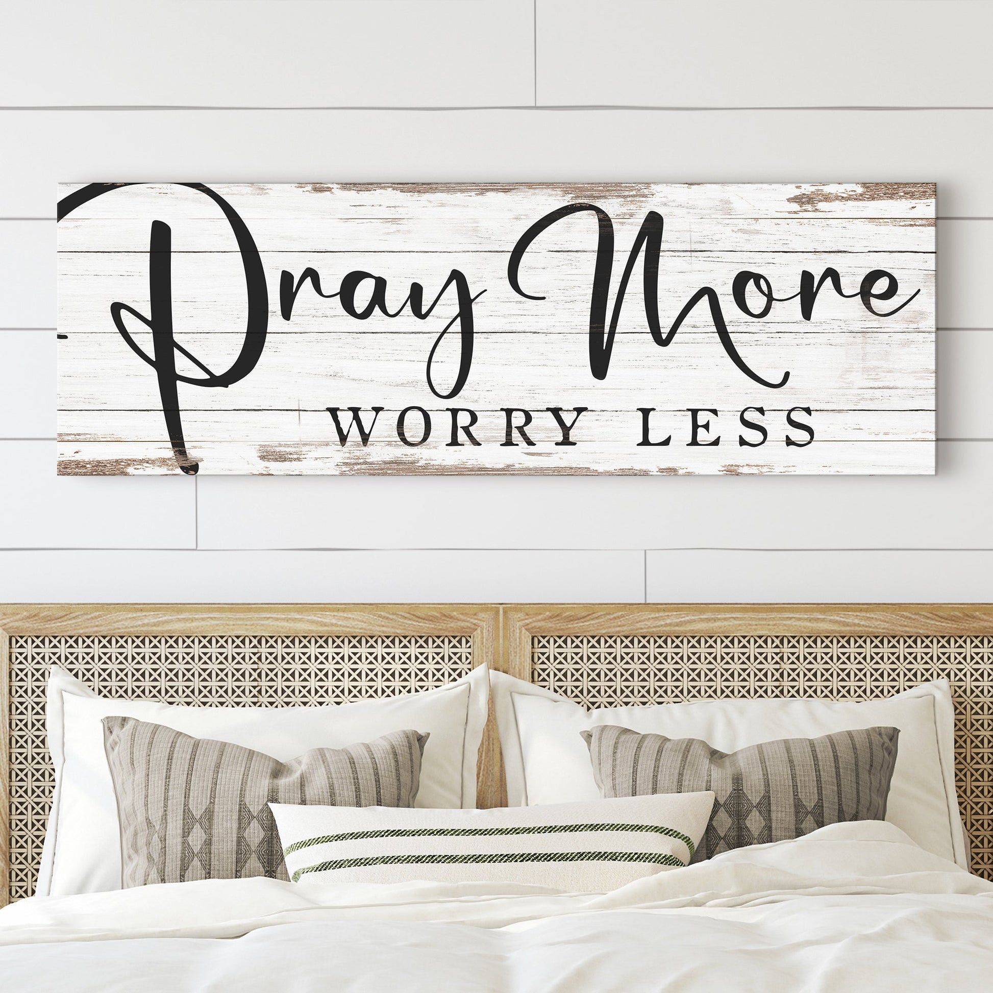 Pray More Worry Less canvas sign with white distressed wood background and black script on Tampa Home & Garden Store
