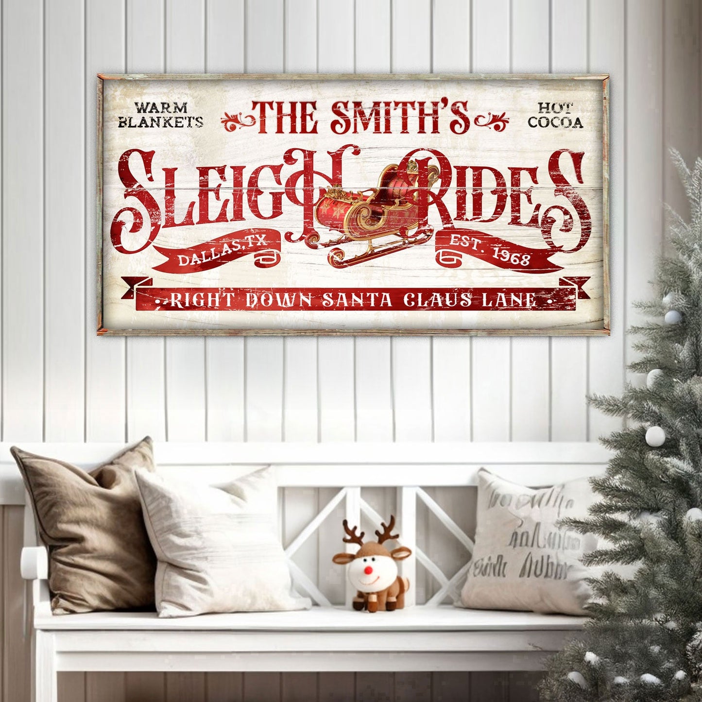 Sleigh Rides Christmas Sign III canvas wall art by Tailored Canvases with red vintage typography on Tampa Home & Garden Store