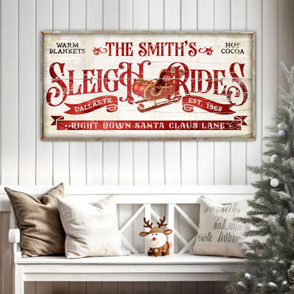Sleigh Rides Christmas Sign III canvas wall art by Tailored Canvases with red vintage typography on Tampa Home & Garden Store