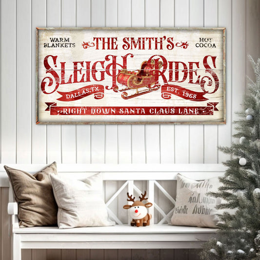 Sleigh Rides Christmas Sign III canvas wall art by Tailored Canvases with red vintage typography on Tampa Home & Garden Store