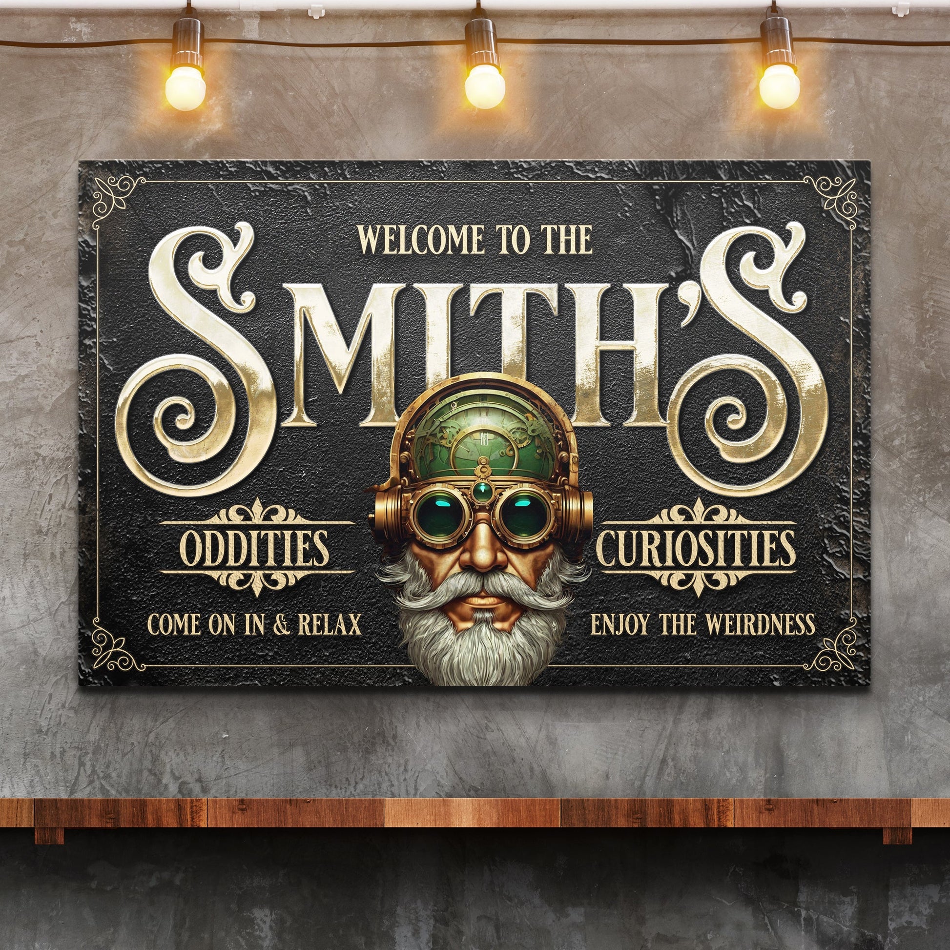 Personalized Family Steampunk Sign Tailored Canvases with gold lettering and goggles motif on Tampa Home & Garden Store