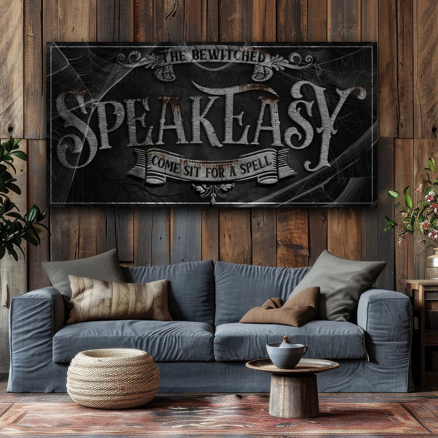 Wicked Witches' Graveyard Bar Halloween Sign III canvas, black with gray lettering cobwebs on Tampa Home & Garden Store