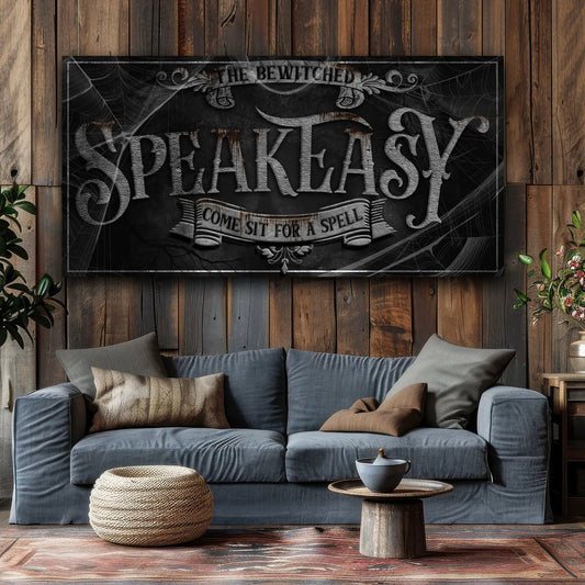 Wicked Witches' Graveyard Bar Halloween Sign III canvas, black with gray lettering cobwebs on Tampa Home & Garden Store