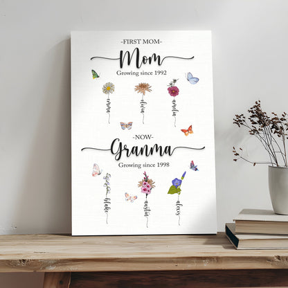 Mother's Day Sign Kids Birth Flowers canvas with white background, Mom script and colorful flowers on Tampa Home & Garden Store