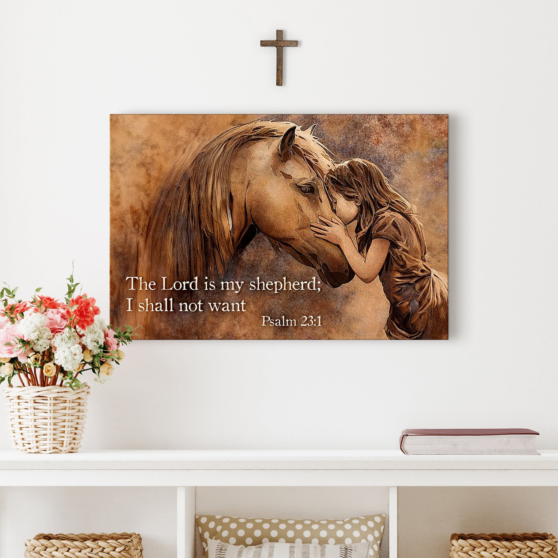 The Lord Is My Shepherd I Shall Not Want Psalm 23:1 Faith Sign VI canvas by Tailored Canvases brown-toned horse and girl embrace on Tampa Home & Garden Store