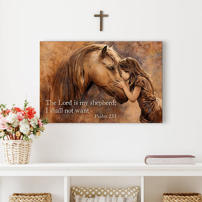 The Lord Is My Shepherd I Shall Not Want Psalm 23:1 Faith Sign VI canvas by Tailored Canvases brown-toned horse and girl embrace on Tampa Home & Garden Store