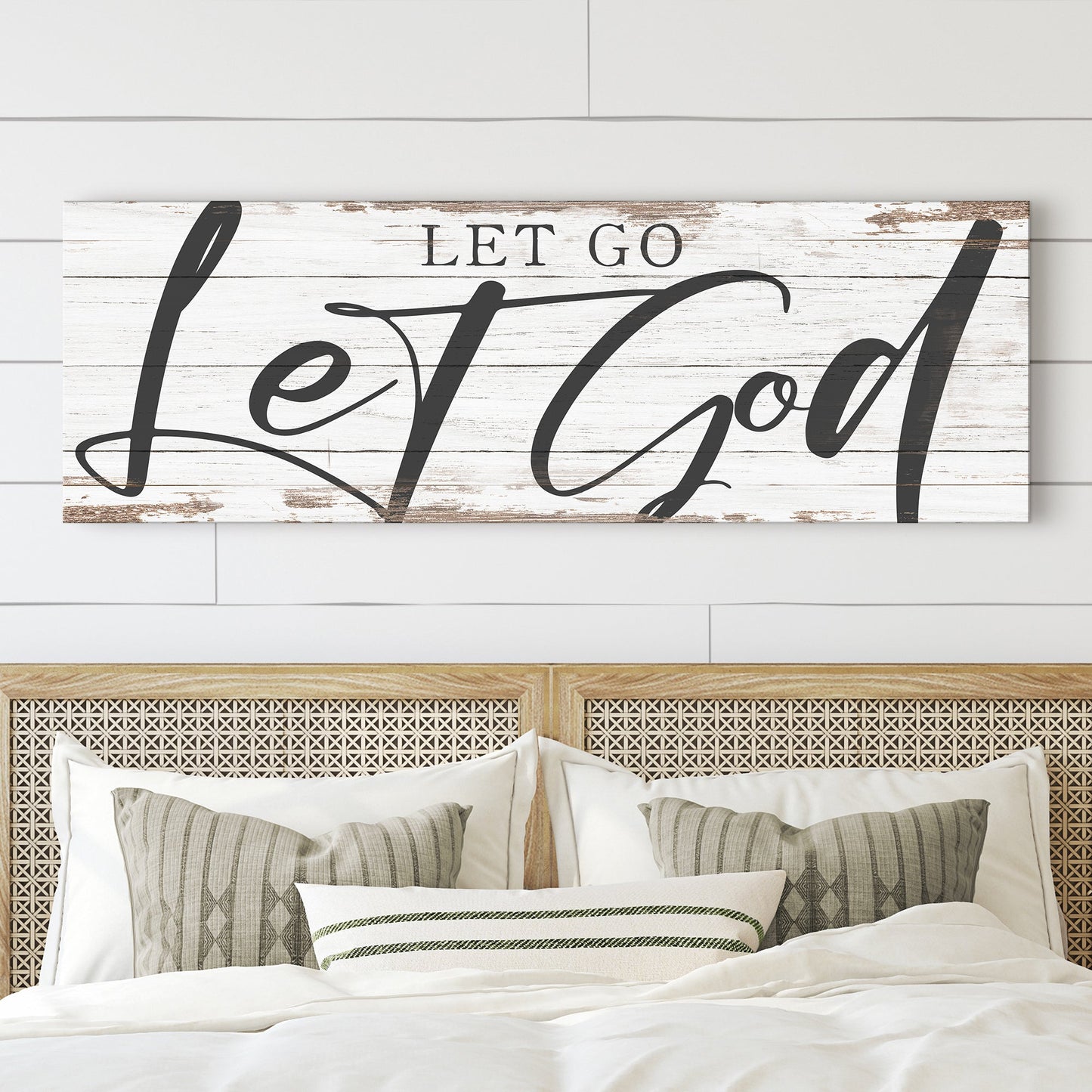 Let Go Let God Faith Sign VII canvas wall art on rustic whitewashed wood plank on Tampa Home & Garden Store
