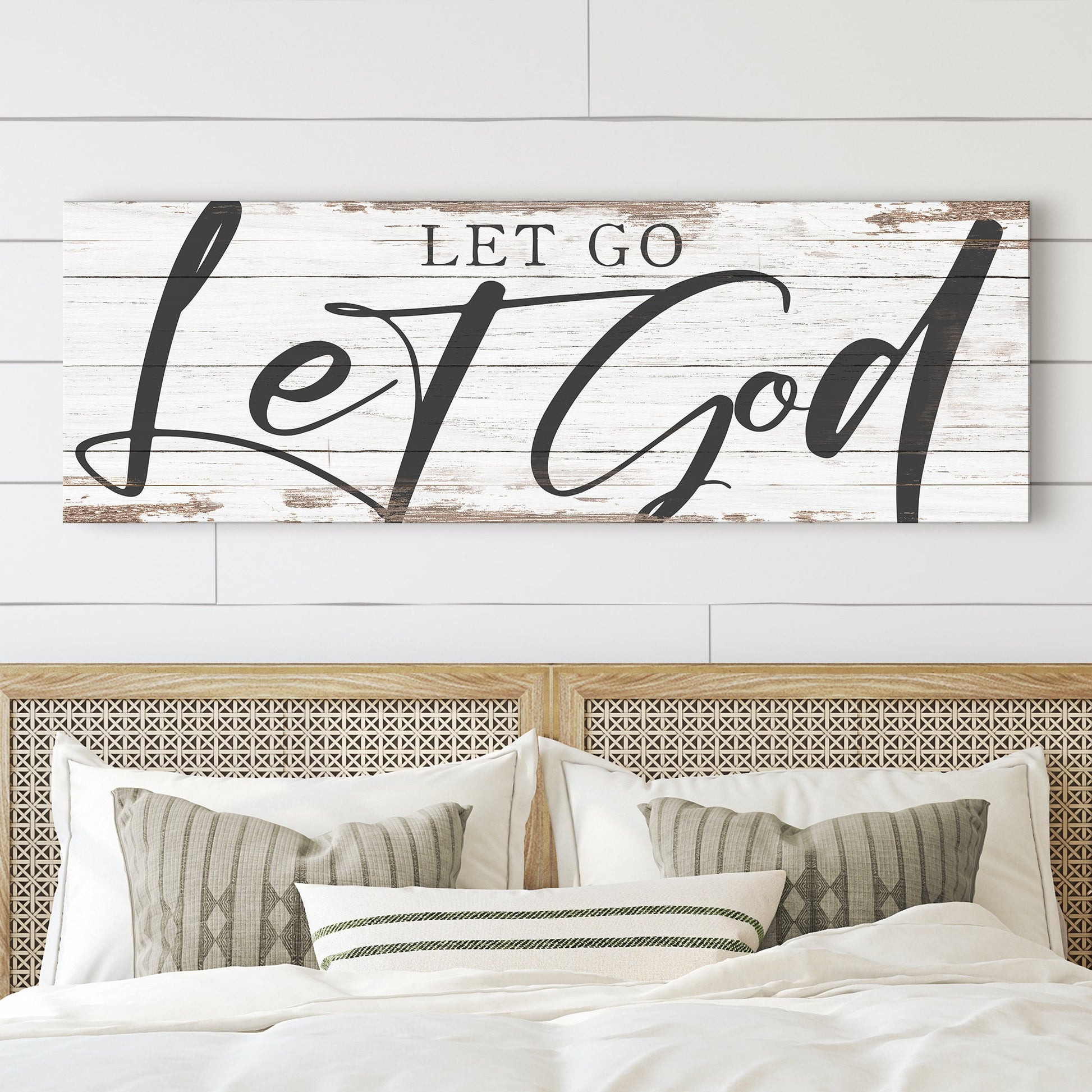 Let Go Let God Faith Sign VII canvas wall art on rustic whitewashed wood plank on Tampa Home & Garden Store