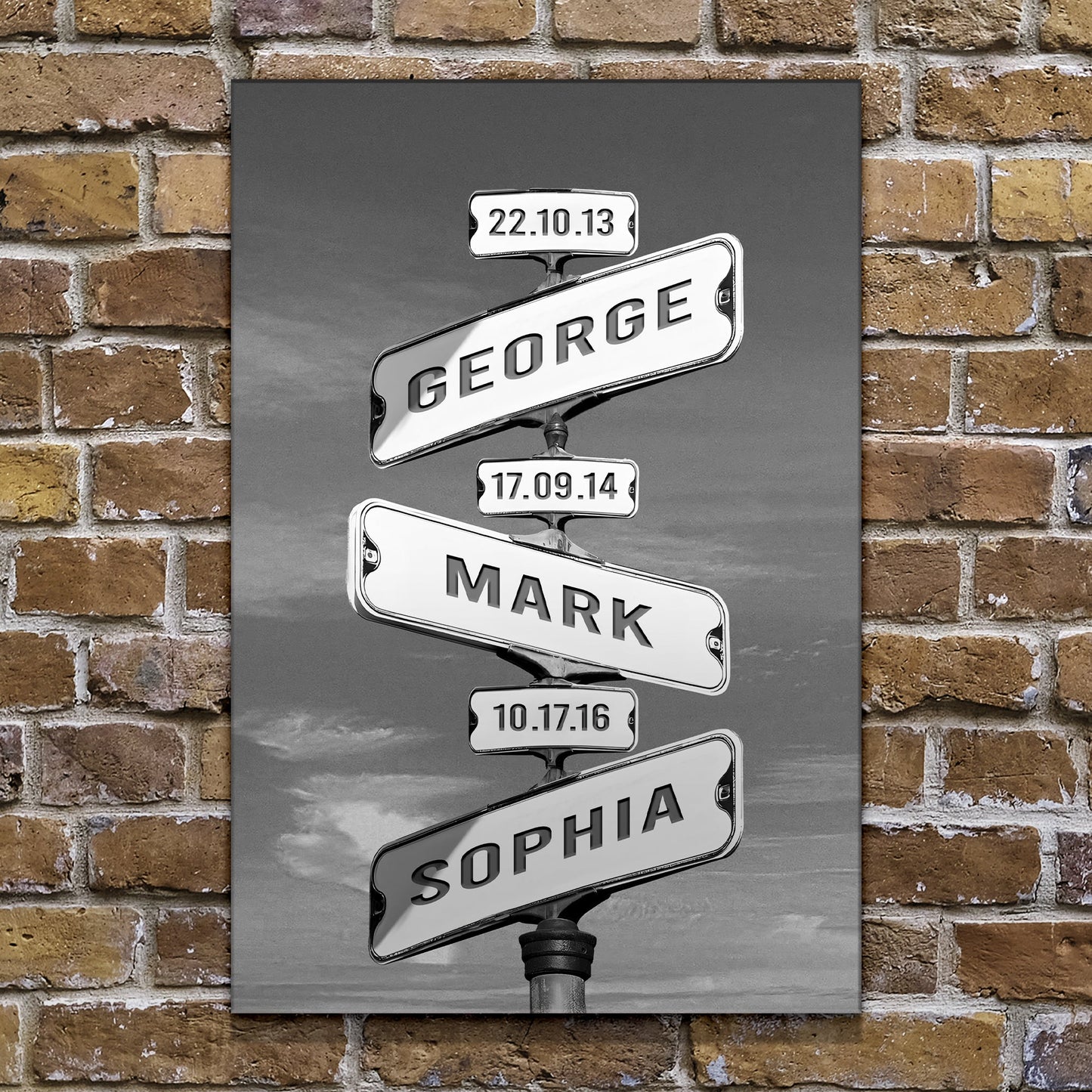 Family Names Road Sign canvas art in grayscale featuring stacked license-plate style signs on Tampa Home & Garden Store
