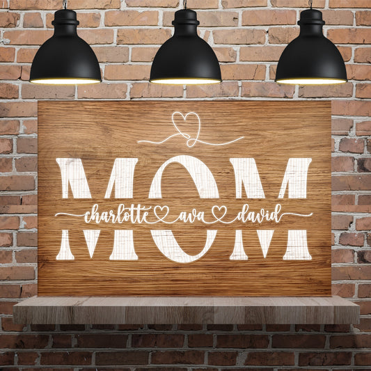 Mother's Day Wood Sign canvas Tailored Canvases; wood panel with white LOVE typography on brick on Tampa Home & Garden Store