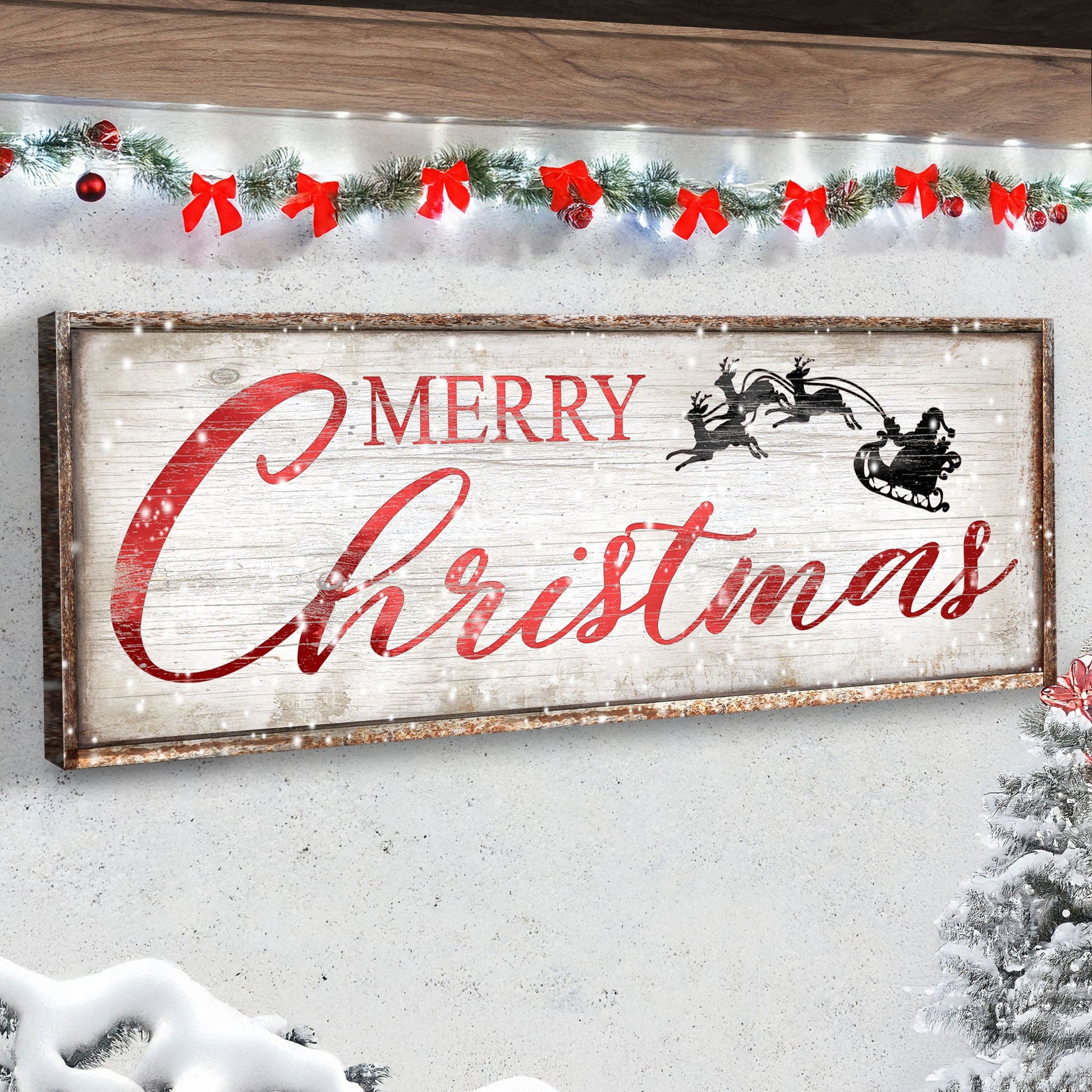 Vintage Merry Christmas Sign canvas by Tailored Canvases, whitewashed frame with red script on Tampa Home & Garden Store