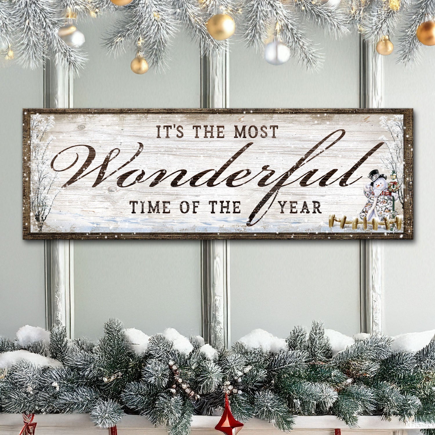 Canvas Christmas sign It's The Most Wonderful Time Of The Year with rustic whitewashed wood on Tampa Home & Garden Store