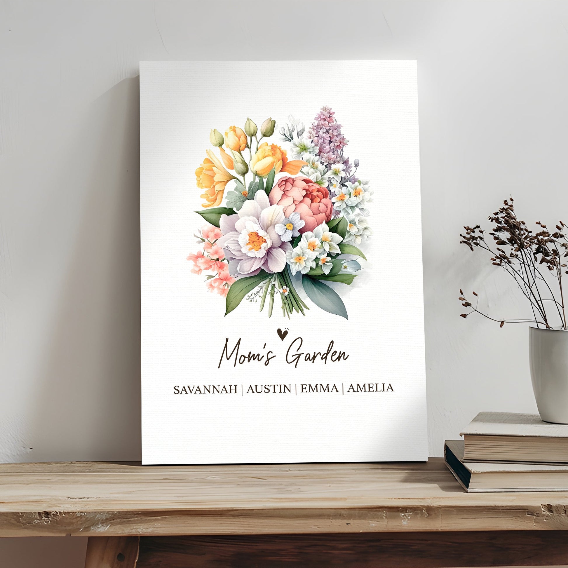 Mom's Garden canvas with bright orange, pink and lavender flowers on white textured canvas on Tampa Home & Garden Store