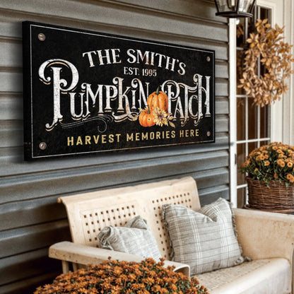 Harvest Memories Here Pumpkin Patch Sign canvas Tailored Canvases, black sign with pumpkins on Tampa Home & Garden Store