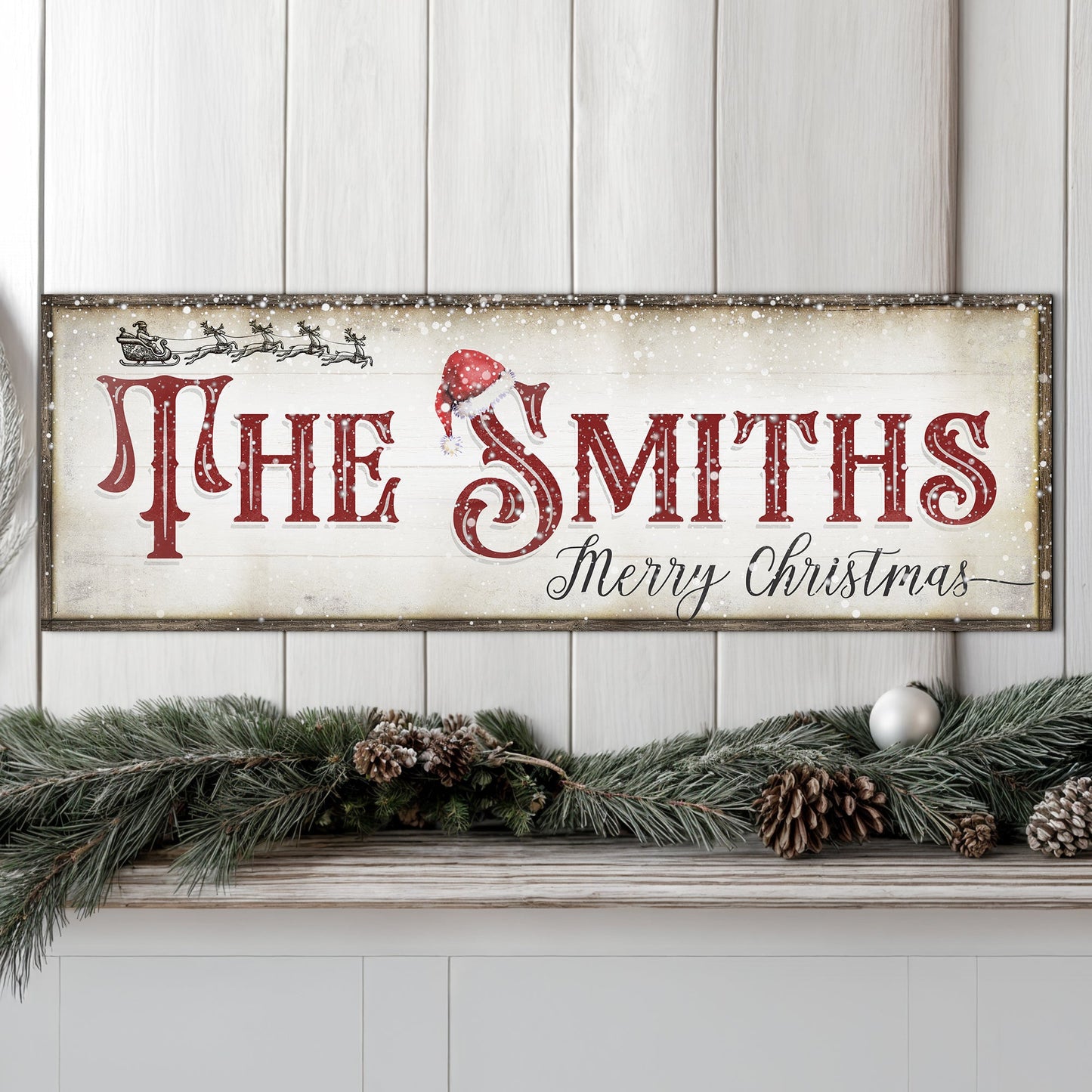 Christmas Family Name Sign IV canvas with red lettering and Santa hat on rustic frame on Tampa Home & Garden Store