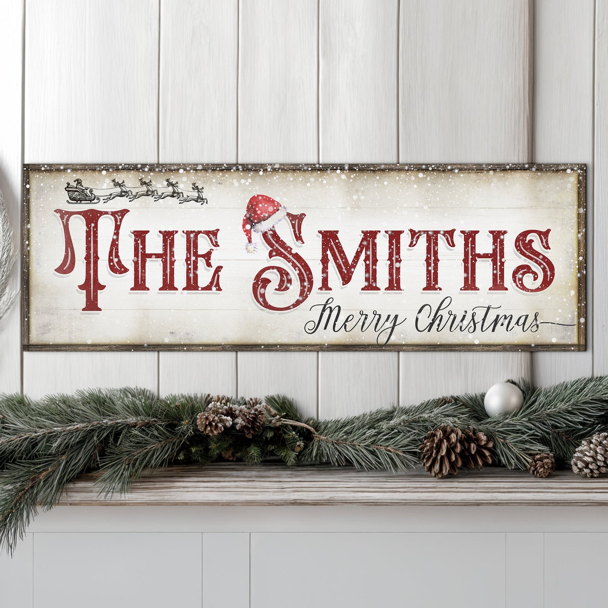 Christmas Family Name Sign IV canvas with red lettering and Santa hat on rustic frame on Tampa Home & Garden Store
