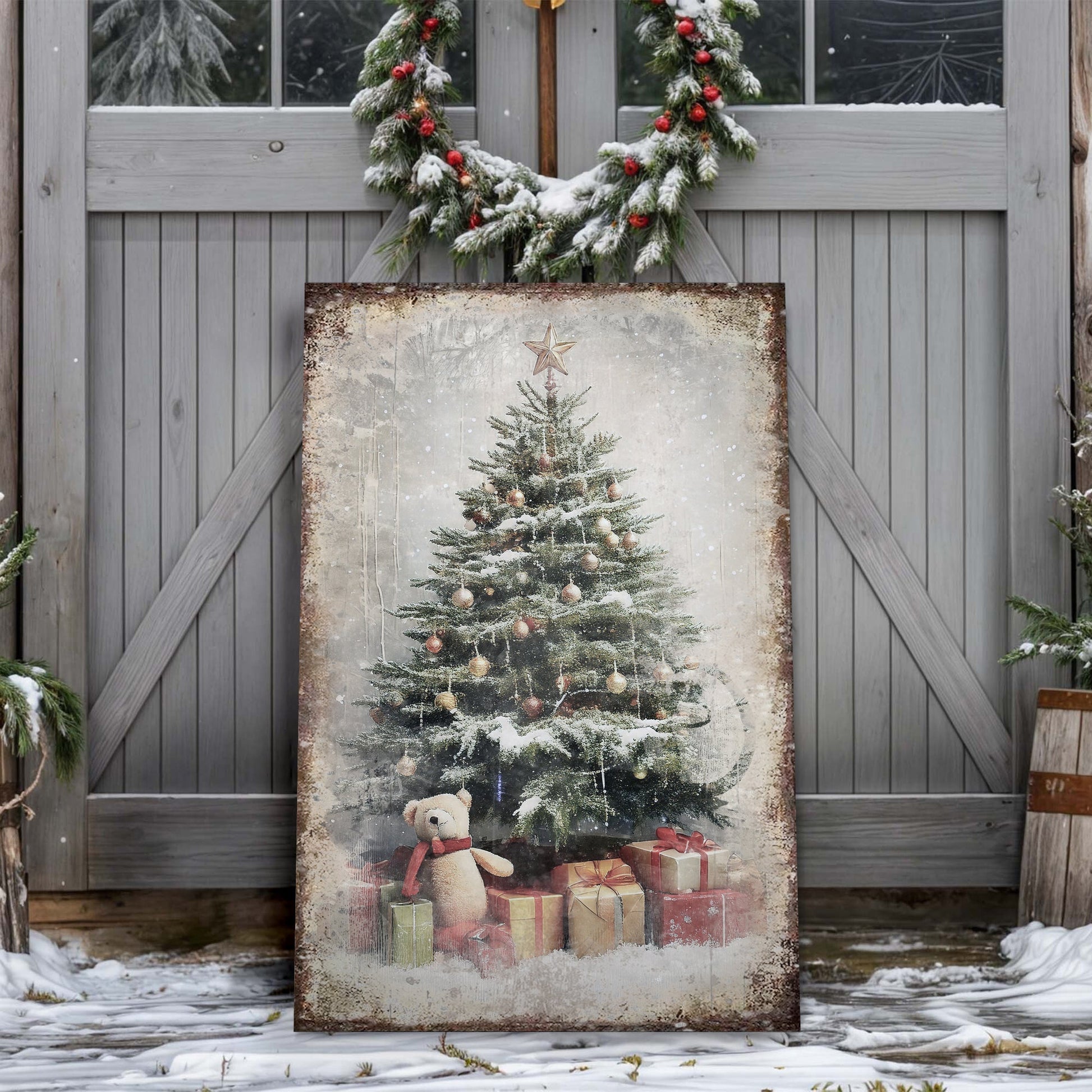 Tailored Canvases Vintage Christmas Tree With Gifts Wall Art II canvas, rustic holiday tree on Tampa Home & Garden Store