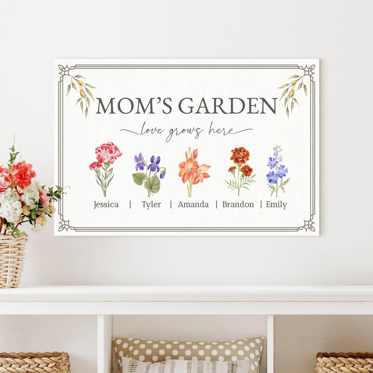 Canvas sign Mom's Garden with colorful flowers and elegant border by Tailored Canvases on Tampa Home & Garden Store