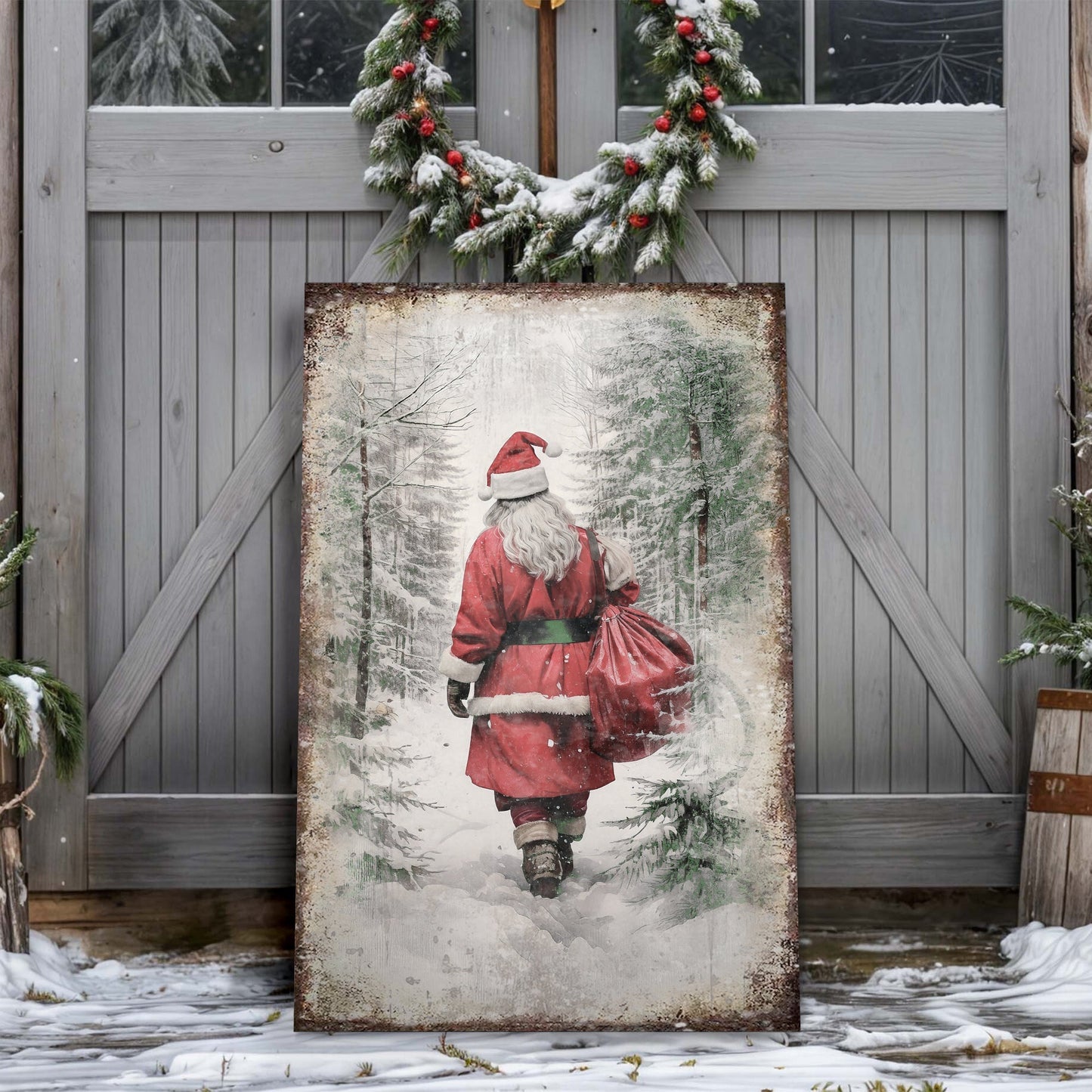 Vintage Christmas Santa Claus wall art canvas by Tailored Canvases, vertical winter scene on Tampa Home & Garden Store