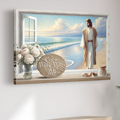 Come Walk With Me Faith Sign III canvas wall art with Jesus by the sea and a rustic white frame on Tampa Home & Garden Store